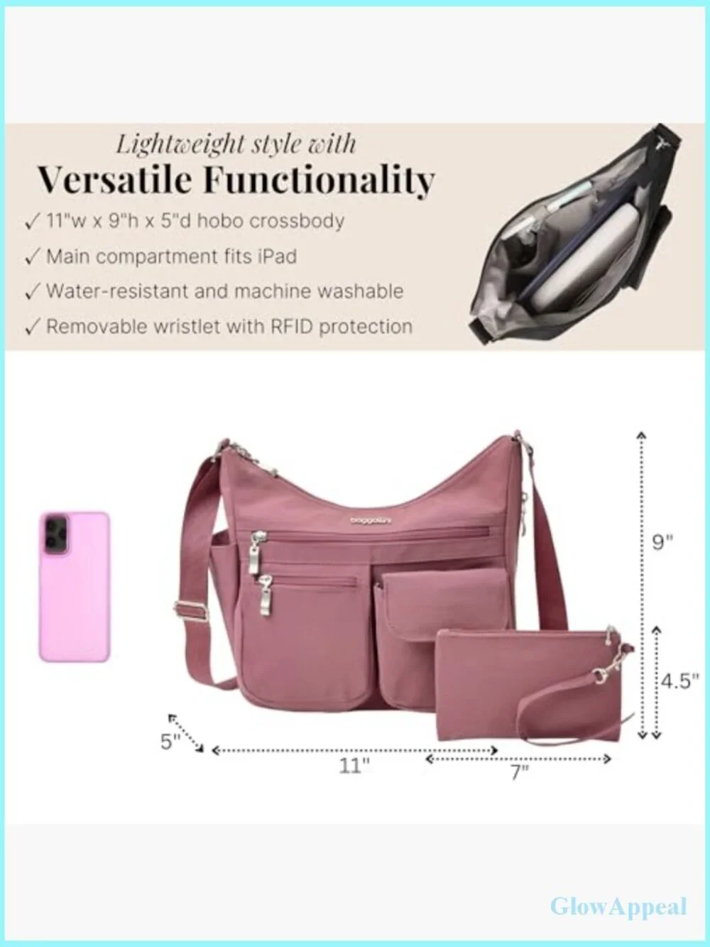 Lightweight Water-Resistant Nylon Hobo Crossbody Bag with RFID